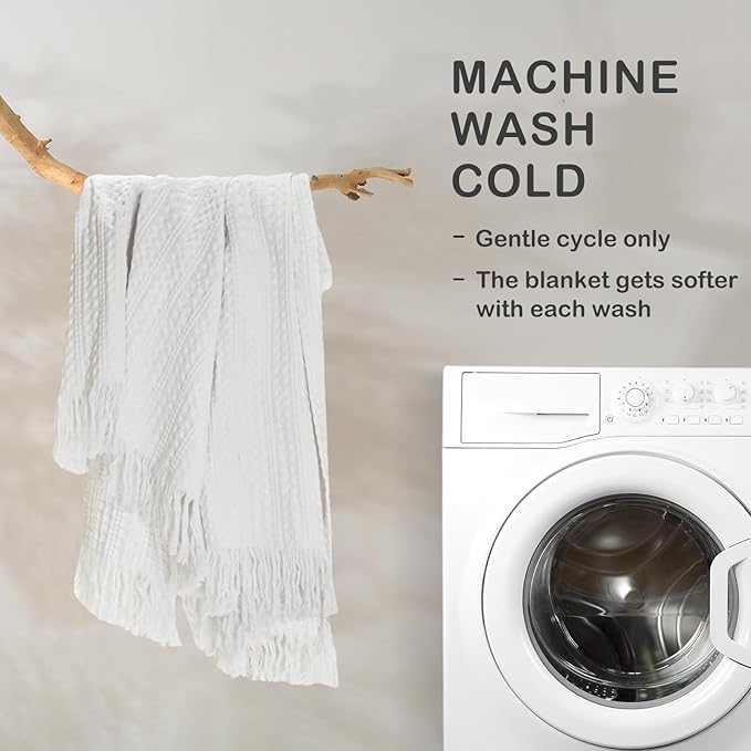 100% Cotton Waffle Blanket with Fringe, Pre-Washed Waffle Weave Blanket for All Season, Lightweight Breathable Soft Cozy Throw Blanket for Couch, Bed, Travel (White - 66x90 Inches)