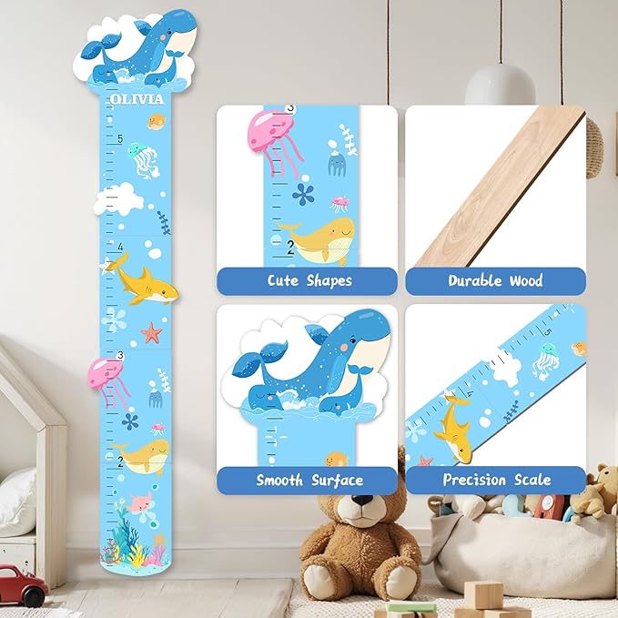 Personalized Name Marine Animals Wooden Growth Chart for Kids-Height Measurement for Wall Girls Boys Teen Room Wall Decor 62.7" x 14"