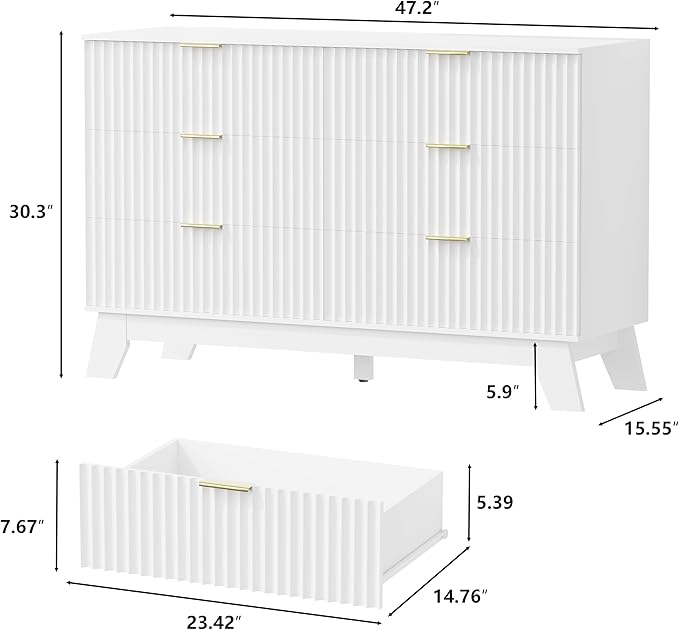 6 Drawer Dresser for Bedroom, Fluted White Dresser Chest of Drawers with Gold Handle, Mid Century Modern Dressers for Closet, Bedroom Chest Storage Organizer for Living Room, Hallway