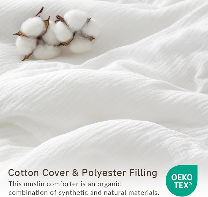 Muslin Comforter Set King Size, Cotton Cover & Polyester Filling, Breathable & Linen Like & Suitable for All-Season Use,3 Pieces(1 Comforter 104"x90", 2 Pillow Shams 20"x36"), White