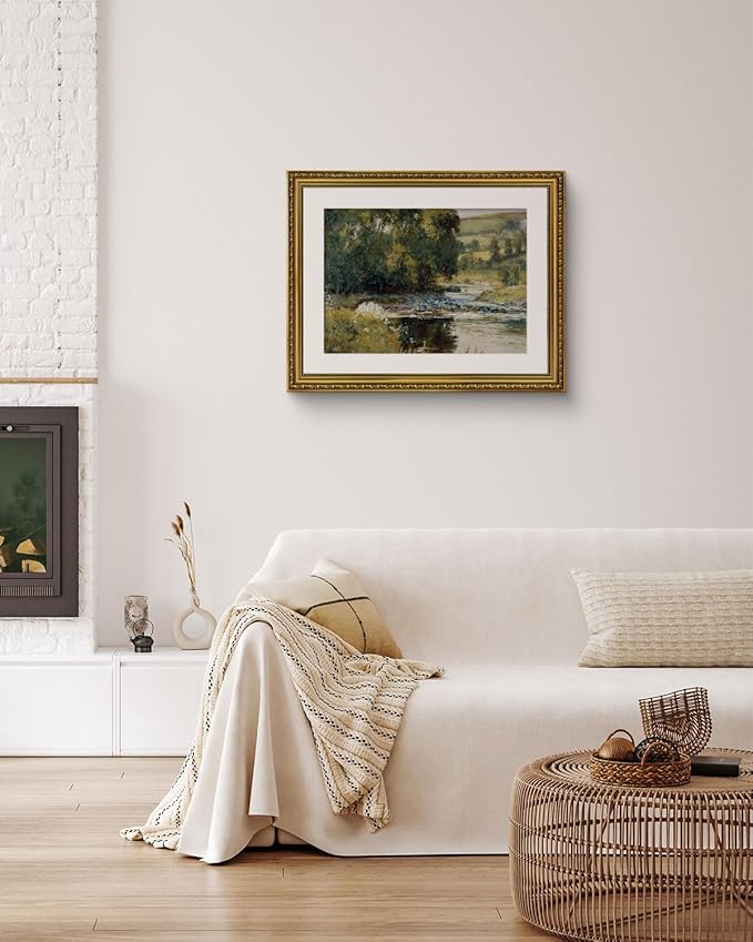 ARPEOTCY Vintage Gold Framed Large Wall Art, Nature Streamside Retro Paintings, Canvas Prints Artwork with Antique Frame, Victorian Wall Pictures Decor for Living Room Gallery Room 16x20 inch