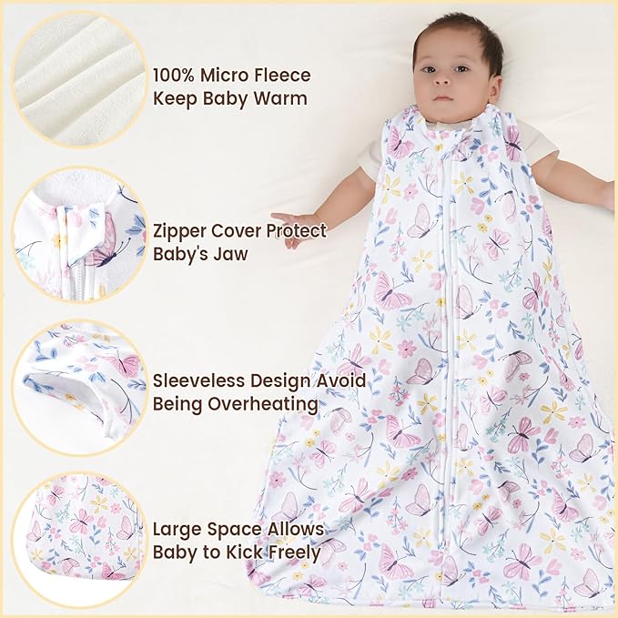PHF 3 Pack Warm Micro-Fleece Baby Sleep Sack 12-18 Months, Soft Baby Wearable Blanket, 2-Way Zipper Sleeping Bags, Comfy Toddler Sleeping Sack for Girls, Large Size, Butterfly
