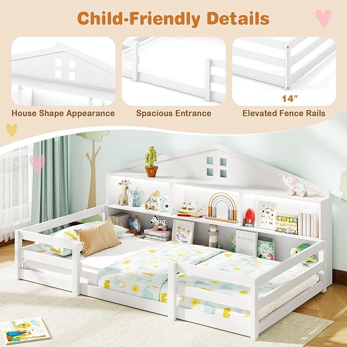 KOMFOTT Twin Floor Bed with Bookcase & LED Light, Wood Bed Frame with Bedside Bookshelves & Guardrails, Versatile 2-in-1 Montessori Floor Bed for Kids (Twin with Led Light,White)