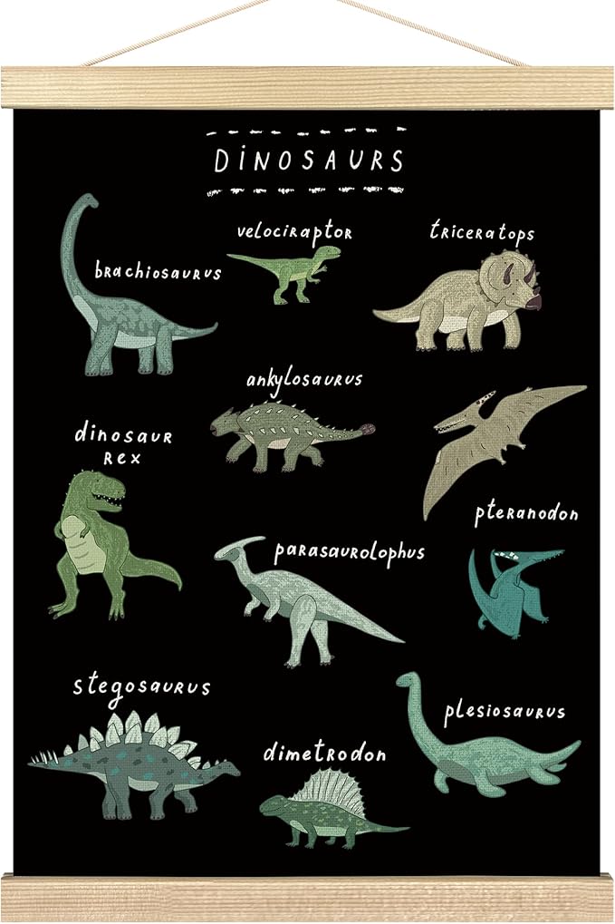 BCUANGD Dinosaur Dino Wall Decor - Baby Toddler Boys Room Wall Art Poster Hanger with Wood Frames, Inspirational Black Hanging Canvas Decor for Kids Room Playroom Nursery Bedroom, 12x16 Inches