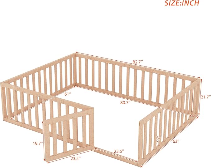 Merax Queen Floor Bed with Safety Guardrails and Door, Wood Montessori Floor Bed Frame for Kids, Queen Playhouse Bed Frame for Baby Girls and Boys, Natural
