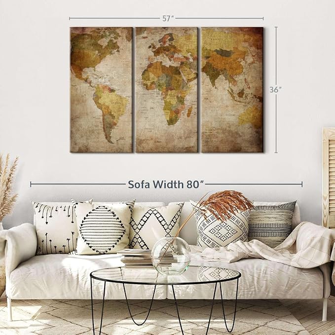 ElephantStock World Map Multi Piece Canvas - 3 Piece Canvas World Map Wall Decor - Wall Decor - Ready-to-Hang Print - Vintage Wall Art - 57" X 36"