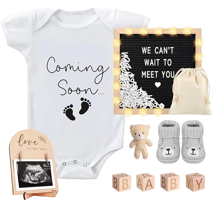 9 Pcs Pregnancy Announcements Set, Include Felt Letter Board Sign with Baby Bodysuit Shoes and Wooden Sign Surprise Announcement for Grandparents Partner Gift Family Reveal