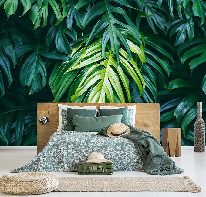 Green Banana Leaves Wallpaper Mural Tropical Jungle Botanical Monsteras Wallpaper for Living Room Bedroom(Not Self-Adhesive)