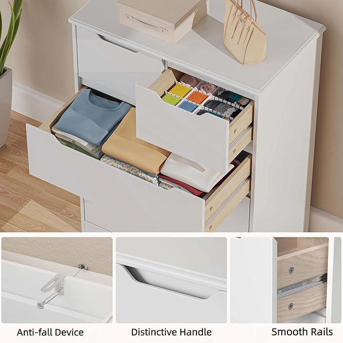 Gizoon 5 Drawers Chest, White Dresser for Bedroom with Large Storage Capacity, Chest of Drawers with Embedded Handle, Deep-Drawer Dresser for Closet with Anti-Tip Kit，for Hallway, Office, Living Room