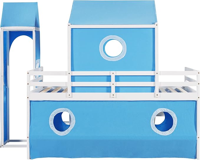 Playhouse Design Full Size Low Loft Bed with Slide & Tent and Tower, Solid Wood Tent Bed Frame for Kids Boys Girls, Versatile Spacious Under Bed Space with Curtains (Blue-TE)