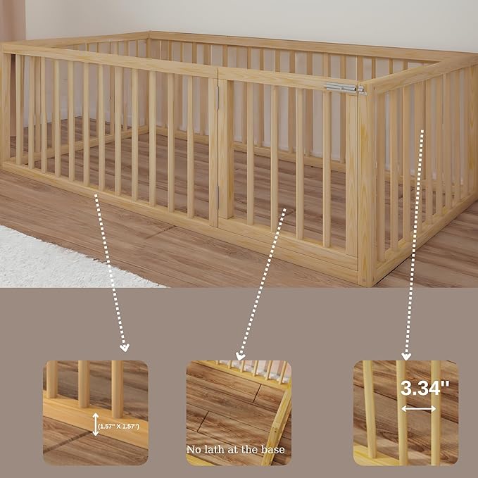 Montessori Floor Bed with Door On The Right Side for Toddler | Pine Wood Natural Solid Frame Beds | Sturdy Modern Design Floor Bed Frame for Boy and Girls (Full, Height: 23.6 Inches)