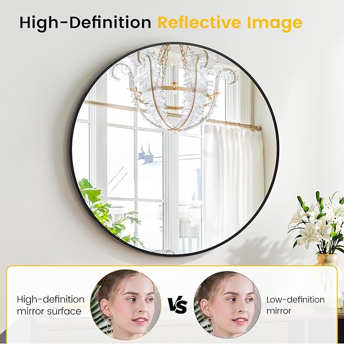 Round Mirror 24 Inch Circle Bathroom Mirror: Fog Resistant Glass with Aluminum Frame - Wall Mounted Vanity Mirror for Entryway, Bedroom & Living Room Decor，Black