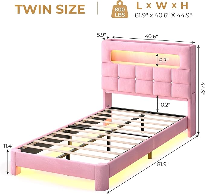 MSmask Twin Upholstered LED Bed Frame with 2-Tier Storage Bookcase Headboard, Velvet Princess Bed with Crystal Button Tufted Headboard & Charging Station, Girls Platform Bed, Curved Legs, Pink