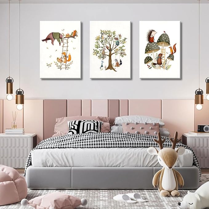 3Pcs Woodland Safari Animals Nursery Canvas Wall Art Baby Jungle Small Animal Wall Decor Pictures Tree Bear Rabbit Fox Hedgehog Kids Posters Prints for Classroom Children Bedroom Decoration