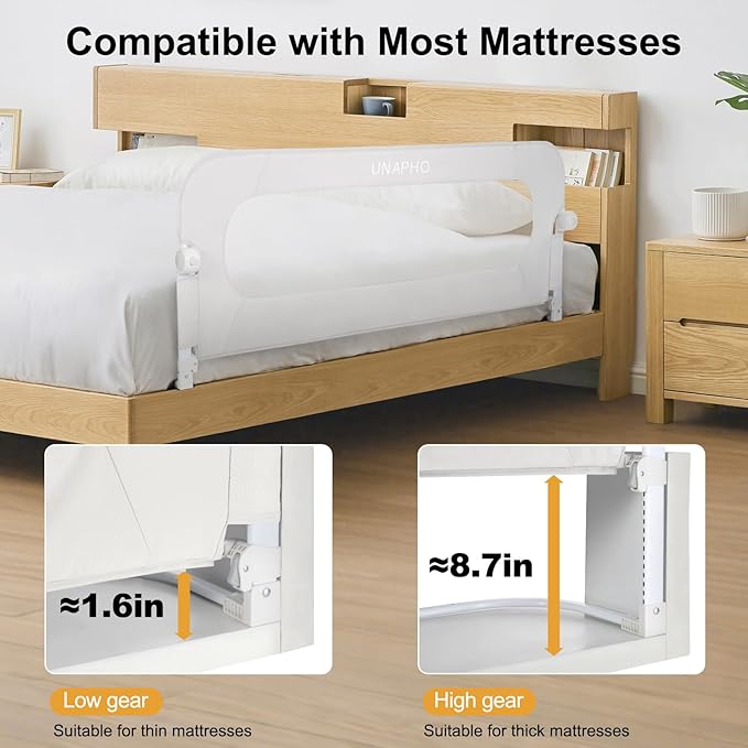 Bed Rail for Toddlers,Swing Down Kids Beds Rails Guard for Twin,Full,Queen,Bunk Size Bed,Extra Tall Child Bed Rail Guard with Reinforced Anchor Safety System(White,59 Inch,1 Side)