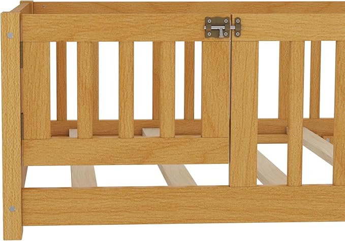 Bellemave Montessori Twin Floor Bed Frame with Fence and Removable Door, Low Profile Twin Size Montessori Bed Frame for Kids, Solid Wooden Floor Beds for Bedroom,Nursery, Natural
