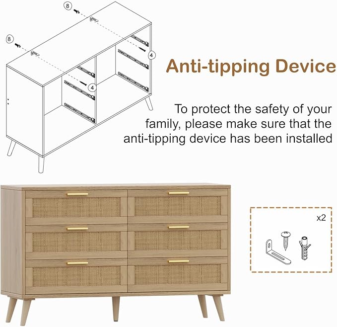 Rovaurx 6 Drawer Double Dresser for Bedroom, Rattan Chest of Dressers, Modern Wooden Dresser Chest with Golden Handles, Beside Table for Closet, Living Room and Entryway, Natural