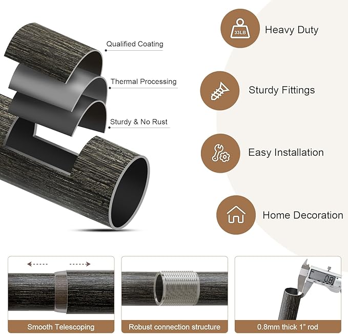 Black walnut wood Grain Curtain Rods for Windows 28 to 48 Inches 1" Diameter Heavy Duty Window Curtain Rod Adjustable with Solid Finials for Living Room Bedroom Kitchen Farmhouse Outdoor