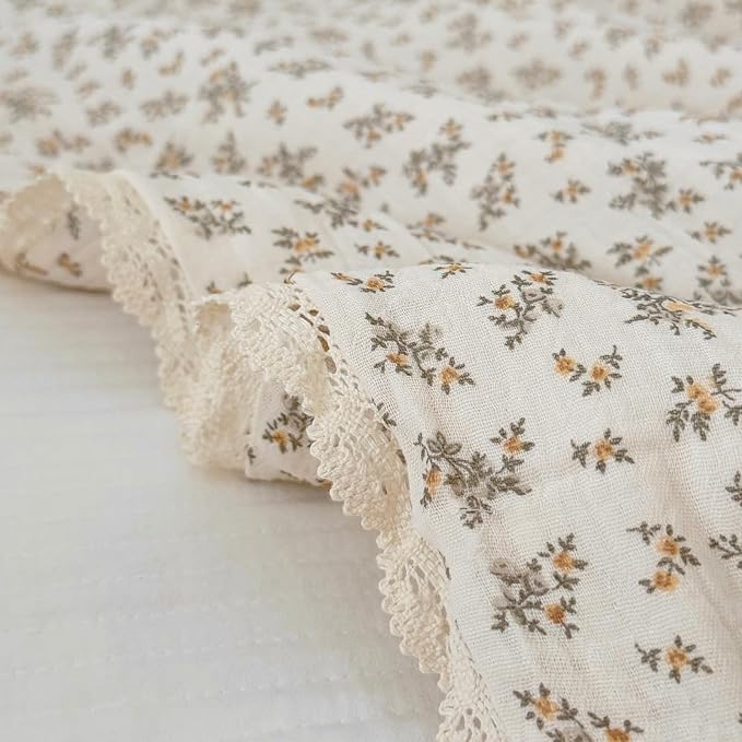BuLuTu Muslin Kids Quilt Soft Breathable Toddler Girls Boys Twin Bed Comforter, Vintage Floral Quilted Blankets with Lace Edges, Osmanthus Print, 60x78 Inches, Machine Wash