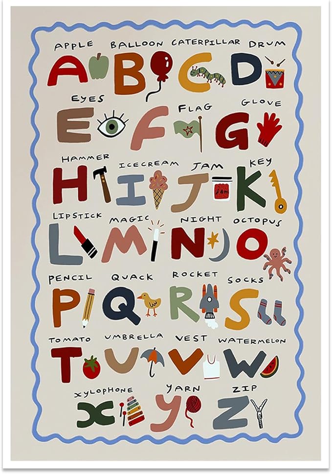 Cute First Illustration Alphabet Learning Canvas Print Posters Eclectic Nursery Wall Art Funny Boho Kids Educational Abc Chart Colorful Decor Picture for Toddlers Classroom Playroom 20x30inch Unframed