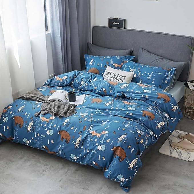 Jumeey Toddler Boys Twin Bedding Sets Blue Bear Duvet Cover Kids Animal Bedding Twin Bear Bedding for Boys Cartoon Bedding Sets Twin Girls Fox and Rabbit Patterned Duvet Cover Woodland Bedding