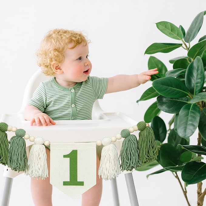 Green Wild One 1st Birthday High Chair Banner First Highchair Banner For Baby Boys Handmade Wall Hangings Boho Wood Bead Tassel Garland 1 Birthday Party Decorations Photoshoot Props Photo Props