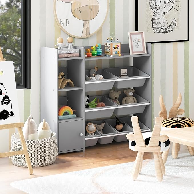 Costzon Kids Toy Storage Organizer, 4-Tier Kids Bookshelf Storage Cabinet w/8 Removable Bins, Preschool Children's Montessori Bookshelf w/Large Cabinet for Playroom, Daycare, Kids Room, Classroom