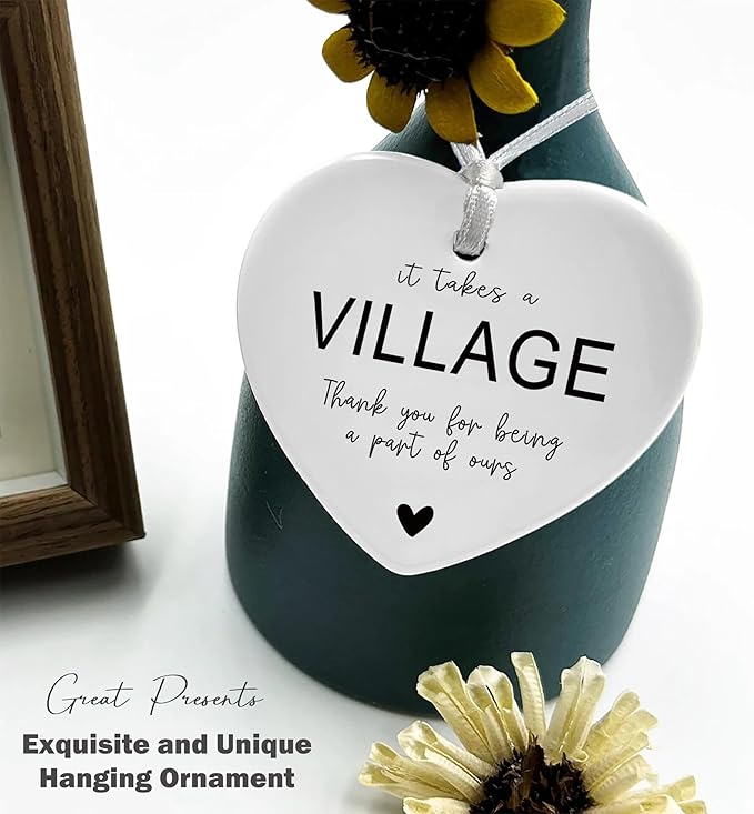 Ceramic Heart Shaped Christmas Ornament-It Takes a Village Appreciation Gift-Thank You for Being a Part of Ours-Present for Coworker Babysitter Neighbor Teacher-Child Care Worker Keepsake Décor