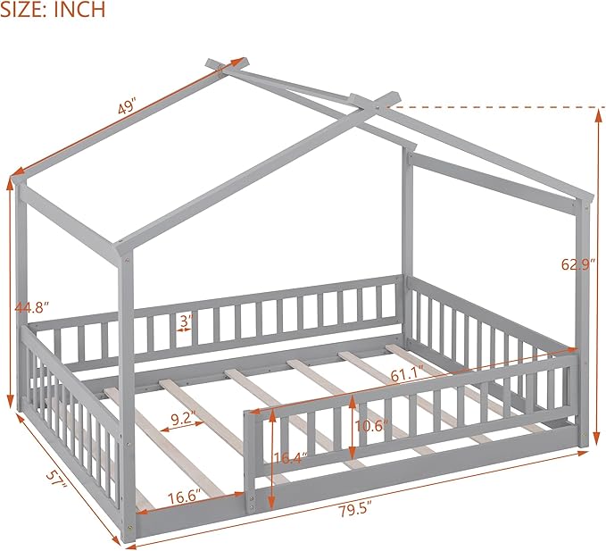 Merax Full Size Wooden House Bed with Fence, Wood Bed Frame with Roof and Safety Guardrail for Kids, Teens, Boys or Girls, Gray