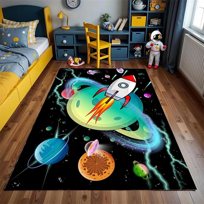 Outer Space Kids Area Rug,5x7ft,Kids Playroom Crawling Mat, Machine Washable, Non-Slip Carpet with Cartoon Planets and Rocket Design, Suitable for Boys' Bedroom, Class, Nursery Decorative Rug