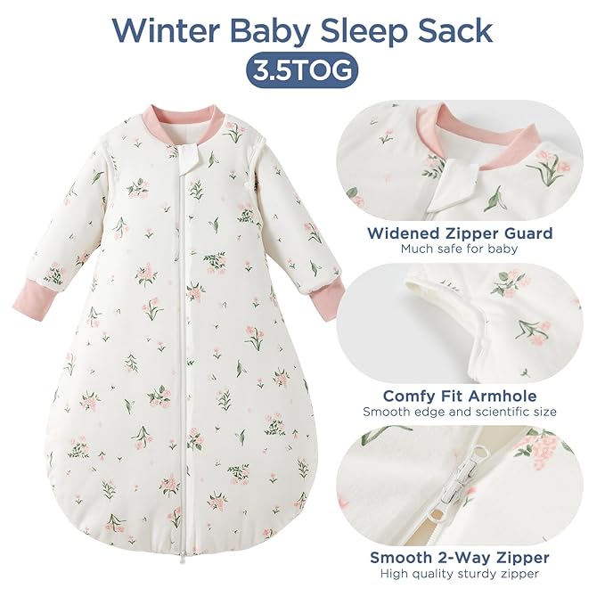 Duomiaomiao 3.5 TOG Baby Sleep Sack Cotton Winter Long Sleeve Baby Wearable Blanket, Super Warm Quilted Comfy Toddler Sleeping Sack