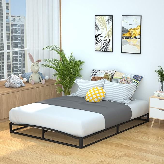 Amazon Basics Metal Platform Bed Frame, with Wood Slat Support, 6 inches High, Full, Black