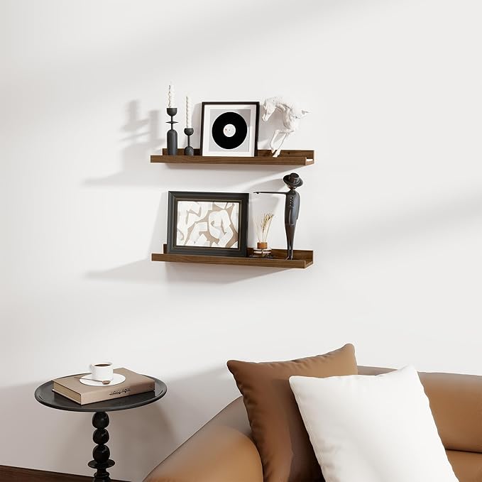 Fun Memories Picture Ledge Shelf, Pine Wood Floating Shelves Set of 2, 24 inch Nursery Book Shelves, Photo Ledge Book Shelves Wall Mounted for Living Room Kids' Room Bedroom - Walnut