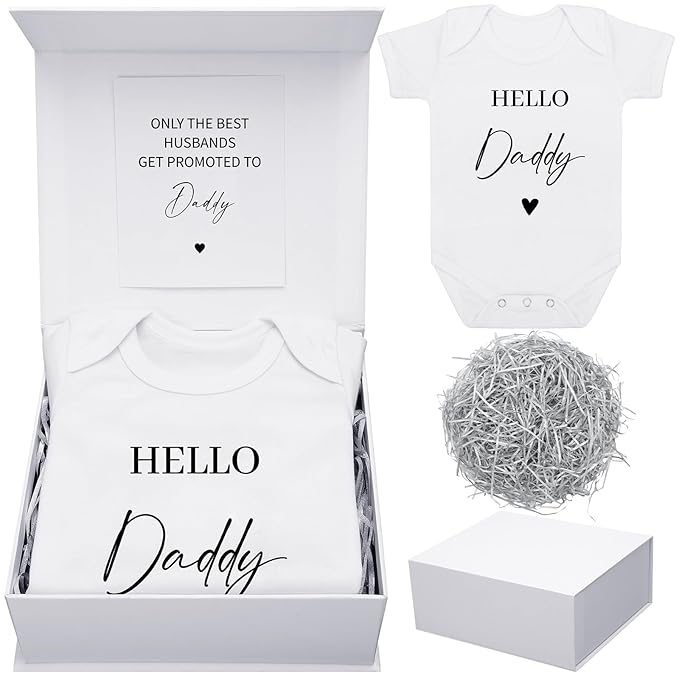 4 Pcs Pregnancy Announcement for Husband, Daddy Baby Bodysuit, Hello Daddy Pregnancy Reveal Card Baby Reveal Gift Box Baby Announcement Gifts Set for Husband Partner