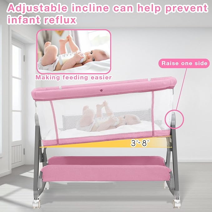 Pink Bassinet for Baby Girl, Baby Bassinets Bedside Sleeper with Mattress and Wheels for Newborn and Infant, Height Adjustable with Breathable Mesh and Mosquito Net