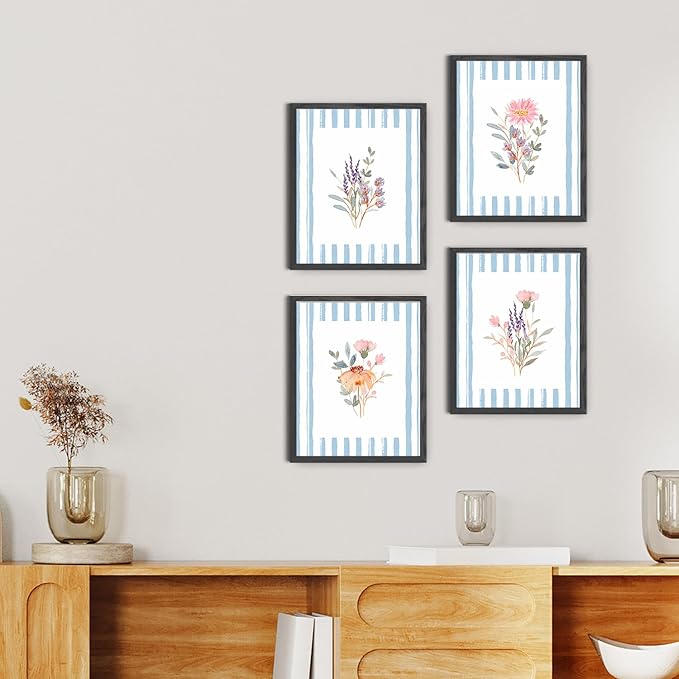 JINYO Boho Vintage Floral Wall Art Prints Set of 4, Floral Room Decor, Blue and White Striped Rustic Wildflower Posters Pictures Wall Decor for Home Bedroom Living Room, 8x10 Unframed