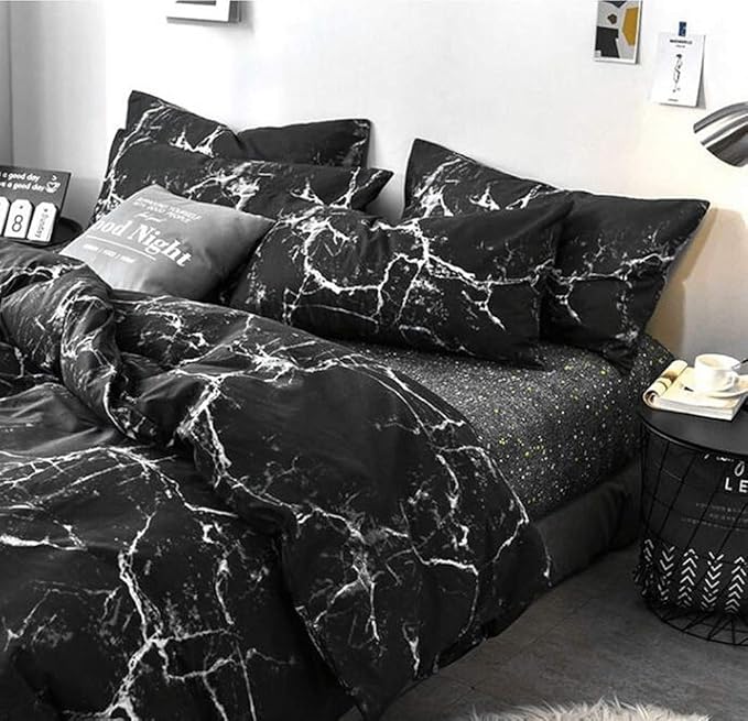 Jumeey Black Duvet Cover Queen Marble Bedding Sets Queen Black Marble Duvet Cover Full Size Black and Grey Bedding Cover Modern Men Women Teen Boy Gothic Marble Bed Abstract Black Bedding Full Set