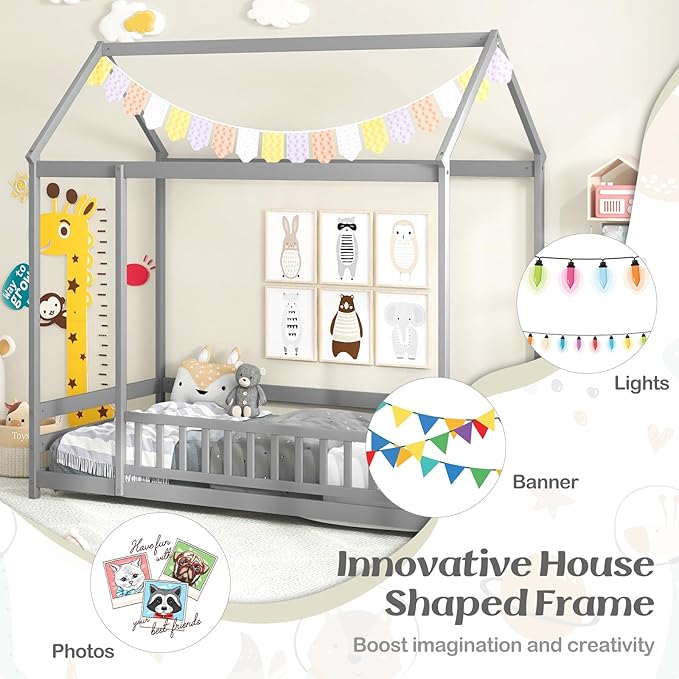 KOMFOTT Twin Size Floor House Bed, Wooden Montessori Bed with Roof & Full-Length Safety Guardrail, Floor Playhouse Bed Frame for Kids, Girls, Boys (Grey)