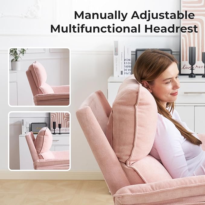 Oversized Recliner Chair, 26" Extra Wide 360° Swivel Rocker Recliner with Adjustable Headrest, Chenille Glider Rocking Nursery Chair with Overstuffed Armrest, Lumbar Support, Pink