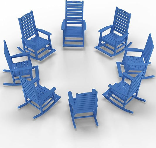 Outdoor Rocking Chair Set of 8 with Removable Footboard for Adults, HDPE High Back Patio Rocking Chairs, 330lbs All Weather Porch Rocking Chairs for Outdoor & Indoor -Navy Blue