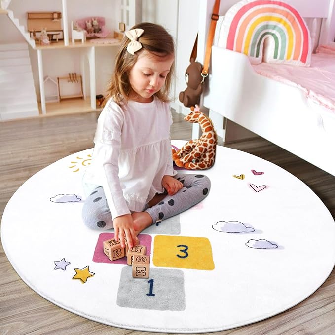 HiiARug Hopscotch Kids Rug Round 5Ft Fun and Educational Playroom Rug Soft Durable Rainbow Floor Carpet Kid’s Play Mat for Bedroom, Playroom, Nursery, Gift for Girls & Boys(Colorful)