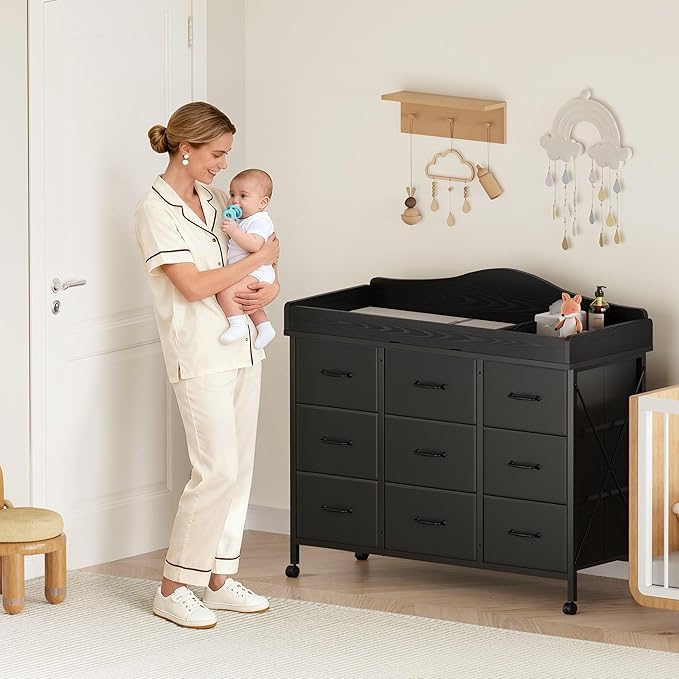 Baby Changing Table with 9 Fabric Drawers, Waterproof Diaper Changing Station & Pad, Mobile Nursery Diaper Changing Table, Baby Furniture, Bedroom, Black