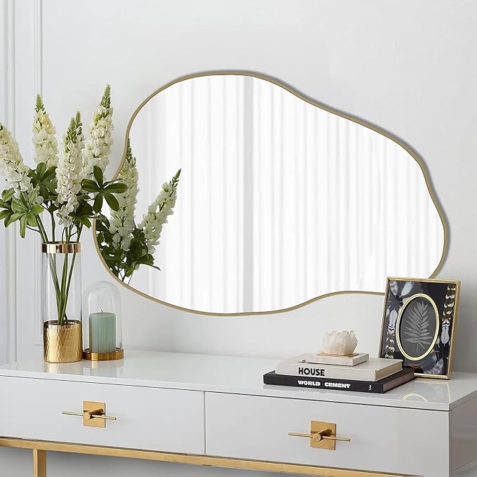 POZINO Gold Irregular Mirror, 30"x20.5" Cloud Shaped Mirrors, Unique Asymmetrical Wall Mirror, Modern Frameless Wall Mirrors for Living Room Bathroom Bedroom Entryway