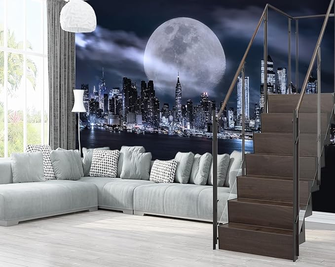 XMPMBM-Grey City Night View The Moon Nursery Room Fabric Wallpaper Living Room Bedroom Bathroom Wall Mural-W 154" X H 105"（112 Square Foot）