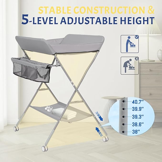 Portable Diaper Changing Table with Wheels for Baby, Mobile Folding Changing Station with 5-Level Adjustable Height and Large Storage Rack & Shelf