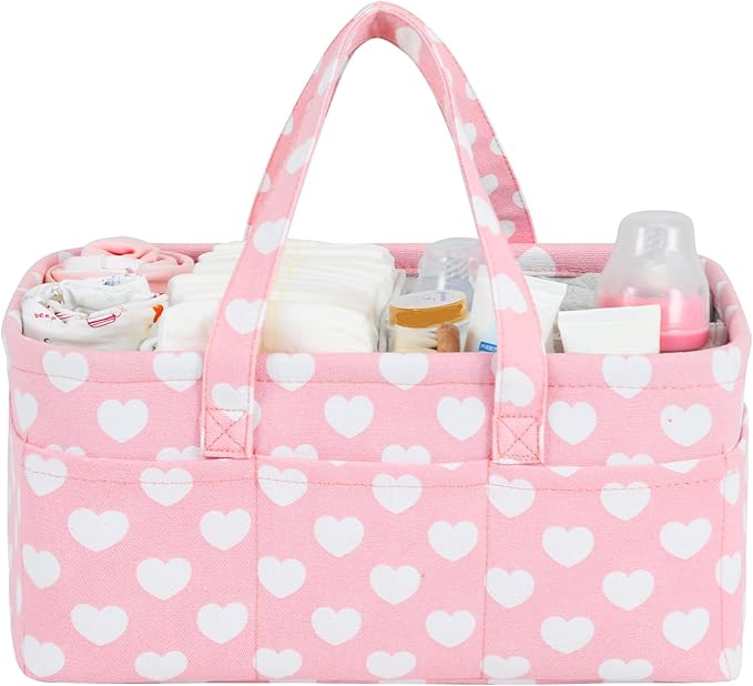 Diaper Caddy Organizer for Baby Girl-Nursery Storage Bin-Portable Car Organizer for Diapers and Baby Wipes- Baby Shower Registry Basket Newborn Must Have Tote Caddy Bag（Pink Heart）