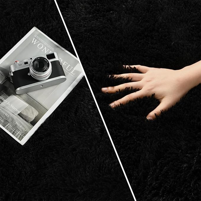Large Shag Area Rugs 8 x 10, Tie-Dyed Plush Fuzzy Rugs for Living Room, Ultra Soft Fluffy Furry Rug for Bedroom, Indoor Carpet Nursery Rugs for Kids Room Home Decor, Black