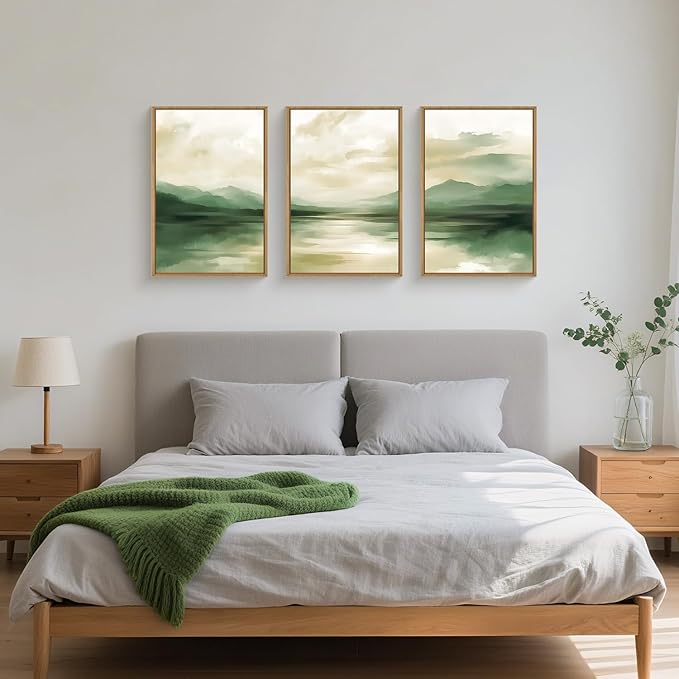 FWIEXA Sage Green Abstract Canvas Wall Art Set of 3, Framed Beige White Mountain Painting, Neutral Watercolor Landscape Prints, Nature Mountains Lake Prints, 16x24In Artwork for Living Room, Bedroom