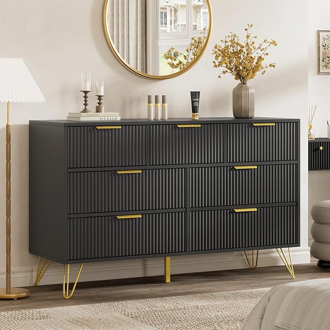LYNSOM Fluted Dresser for Bedroom, Black 7 Drawer Dresser with Gold Handles and Wide Drawers, Wood Chest of Drawers for Bedroom, Hallway