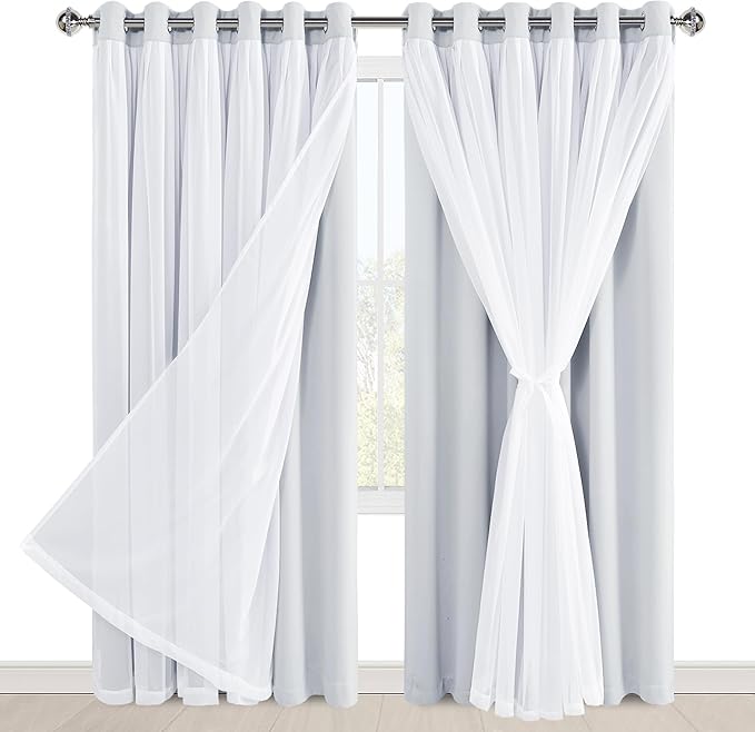 Hiasan Blackout Curtains with Sheer Overlay, Thermal Insulated Privacy Mix & Match Double Layer Window Curtains for Girls Bedroom, Living Room, 2 Drape Panels with Tiebacks, Greyish White, 70W X 84L